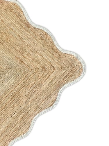 Wave Scalloped Natural Jute Runner Rug Boho Rug Hallway Entryway Runner Rug (White / 2'6"x14' (Runner))