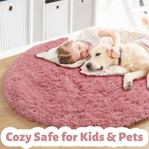 Blush Pink Large Round Shag Rug 6Ft for Girls Kids Bedroom Nursery (Blush Pink / 6' (Round))