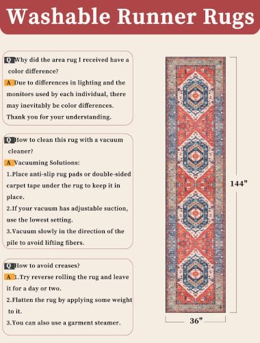 3x12 Washable Non Slip Boho Runner Rug for Hallway (Rust/Multi / 3' x 12' (Runner))