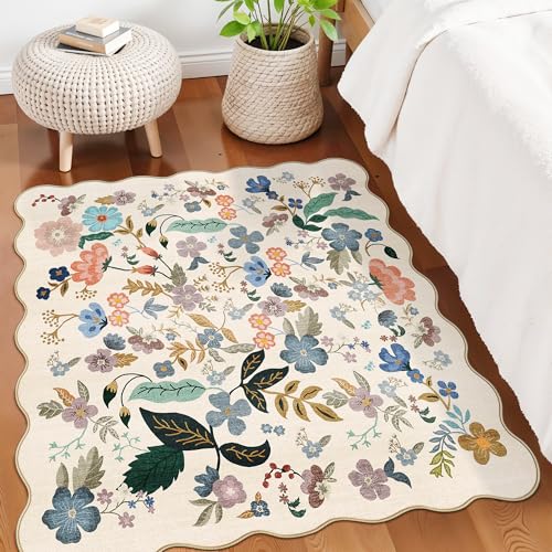 Washable 4x4 Square Area Rug (4' x 4' (Square) / Cream/Floral)