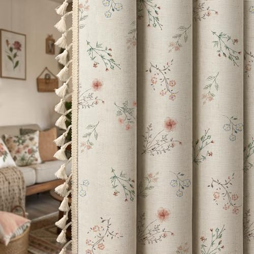 Boho Floral 100% Blackout Curtains 96 Inch 2 Panels Linen Texture (Blackout Vintage Florals / 52"W x 96"L (Pack of 2))