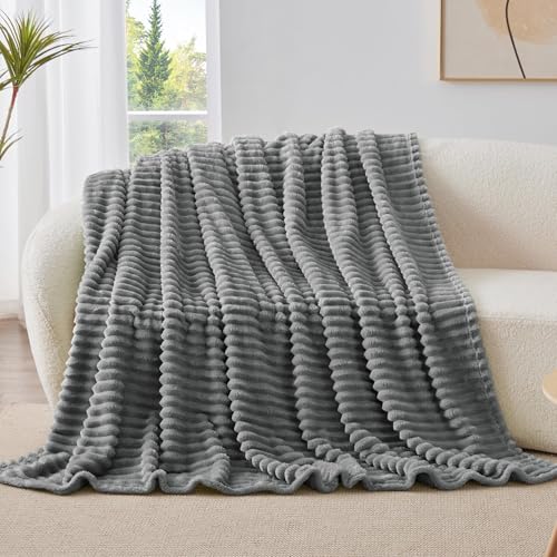 Ribbed Fleece Throw Blanket for Couch (Grey / Throw XL(50"x70"))