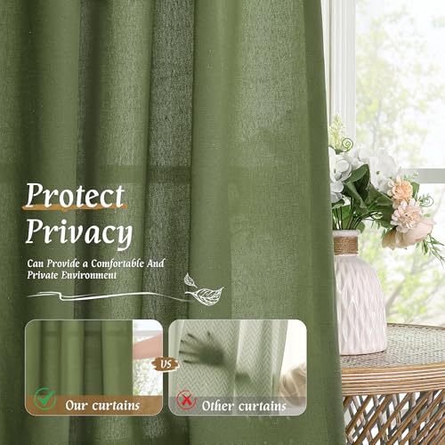 Light Filtering Linen Curtains 63 inches Long for Bedroom 2 Panels (Olive Green-1 / 52"W x 63"L (Pack of 2))