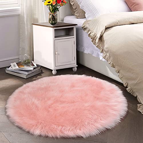 Pink Faux Sheepskin Round Rugs 6.7ft Cute Furry Rug for Bedroom Girls Large Circle Rug for Living Room Entertainment Room Fluffy Rugs Luxury Home Decor (6'7" (Round) / Pink)