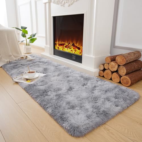 Soft Runner Rug for Bedroom Living Room Plush Fluffy Rugs 2x6 (Grey and White / 2' x 6' (Runner))