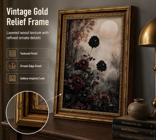 Vintage Gold Framed Black Dahlia Wall Art (Black Dahlia / 16"LX12"W)