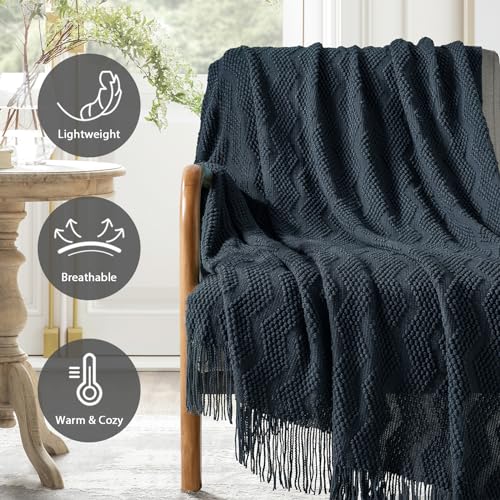 Navy Throw Blanket 50x60 Inch Soft Ripple Throw Knitted Blanket (Ripple-navy / 50"x60")