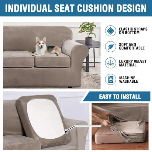 Modern Velvet Plush High Stretch Sofa Slipcover Furniture Protector Form Fit Luxury Thick Sofa Cover for 3 Cushion Couch (3 Cushion Sofa / Taupe)