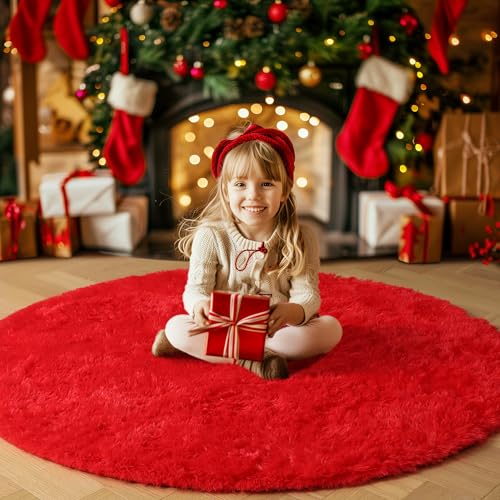 Red Fluffy Plush Large Round Area Rug 7Ft for Living Room Bedroom (Red / 7' (Round))
