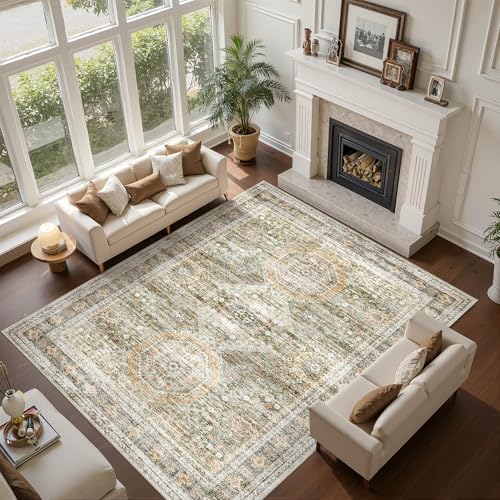 Washable Area Rug 8x10 Large Soft Living Room Rugs Green (Green/Orange / 8' x 10' (Rectangular))