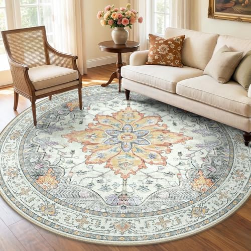 Washable Area Rug (Beige/Carbon Grey/Orange / 6' (Round))