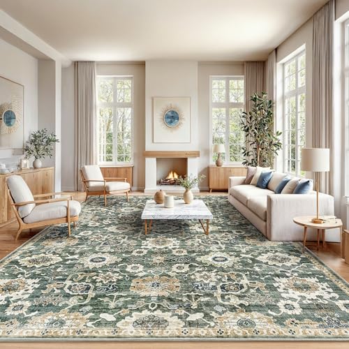 Amada Large 10x14 Washable Area Rug for Living Room (10' x 14' (Rectangular) / Green/Brown)