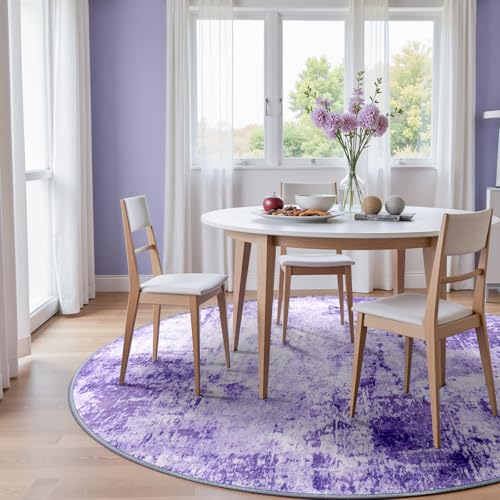 Washable Round 6ft Area Rug for Living Room Purple (Purple/Gray/Pink/White / 6' (Round))