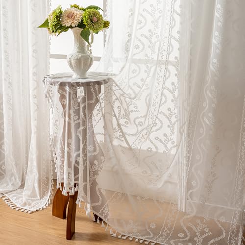 White Boho Lace Curtains 96 Inch (Pure White / 52"W x 96"L (Pack of 2))