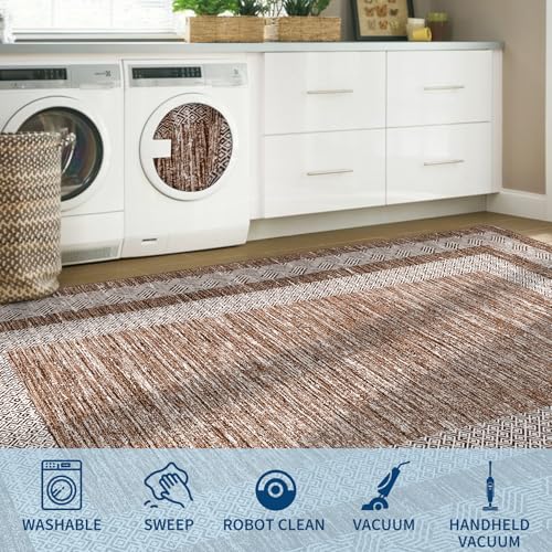 Area Rug 5x7 Distressed Bordered Washable Non Slip Floor Carpet (Dark Brown / 5' x 7' (Rectangular))