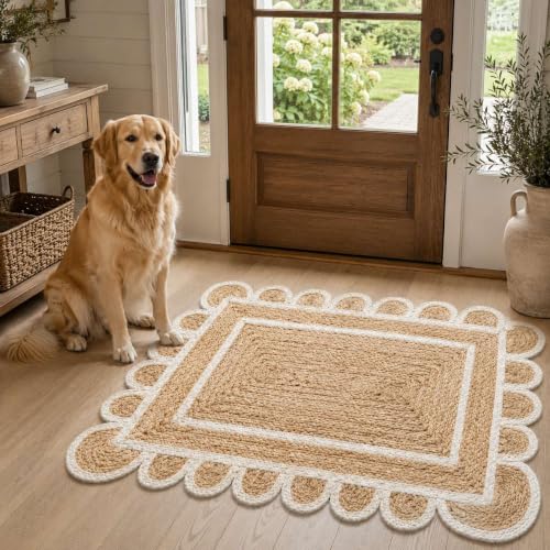 Scalloped Natural Jute Area Rug 4x6 Ft (Off White / 4' x 6' (Rectangular))