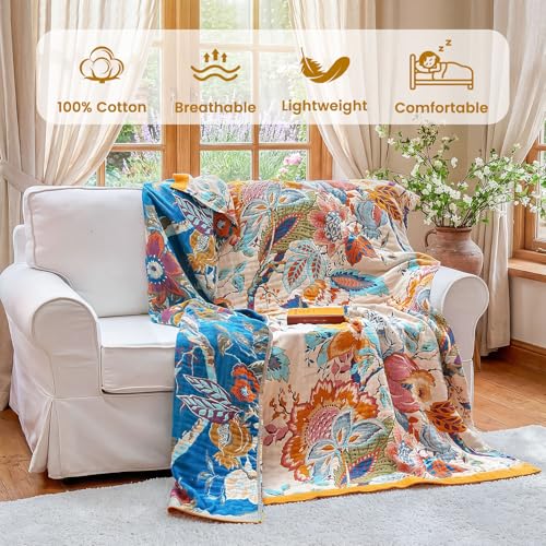 Boho Throw Blanket 90"x108" 100% Cotton Floral Blanket King Bed Decor (Opera Bloom / 108"x90")