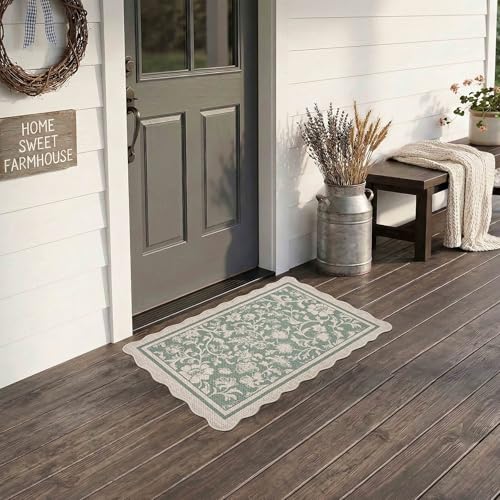 Scalloped Easy Jute 2x3 Area Rug Vintage Green Floral Doormat (3' x 2' (Rectangular) / Green)