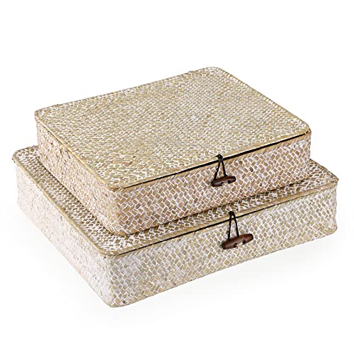 Set of 2 Flat Woven Wicker Basket Bins with Lid Natural Seagrass Box (Small+Large / Whitewash)