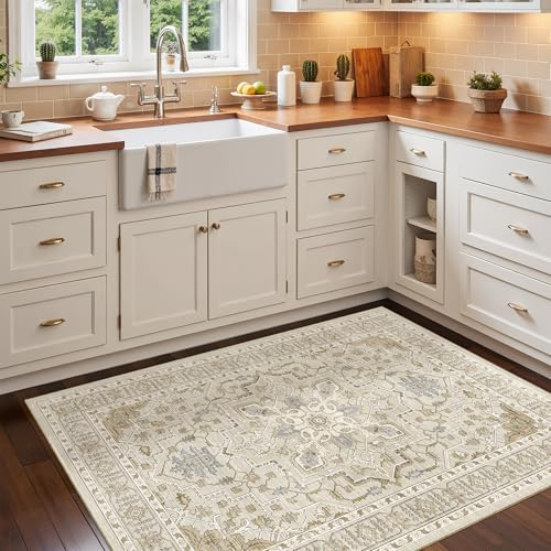 Washable Entry Rug 3x4 Area Rugs for Entryway Kitchen (Beige/Blue / 3' x 4' (Rectangular))