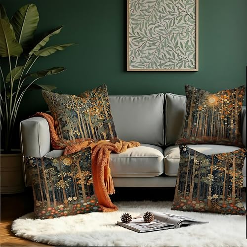 Rustic William Morris Inspired Autumn Forest Pillow Covers 20x20 Set of 4 (Forest-orange -4 / 20" x 20" (Pack of 1))