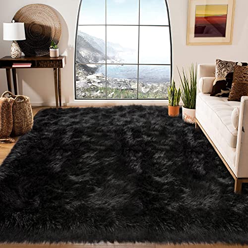 Shag Rug 6x9 Faux Fur Sheepskin Rug for Living Room (6' x 9' (Rectangular) / Black)