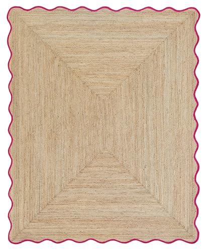 Wave Scalloped Natural Jute Rug Boho Jute Rug Braided Area Rug (Dark Pink / 8'x10' (Rectangular))