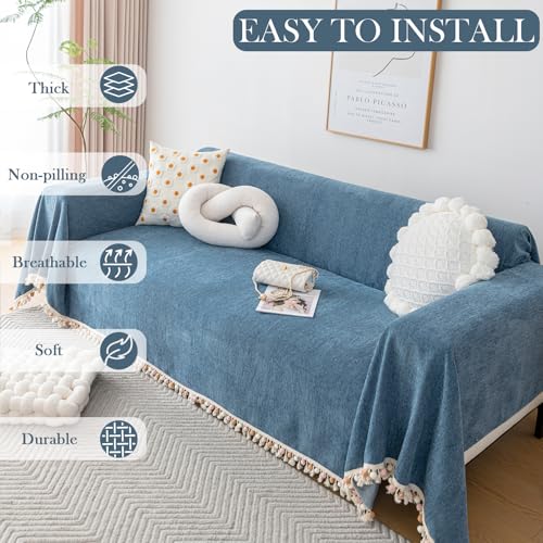 Couch Slipcover Dog Sofa Covers Boho Couch Cover for Dogs Blue Sofa Throw Cover Bohemian Sofa Covers for 3 Cushion Couch Herringbone Sectional Couch Cover Slipcovers for Sofas (91" x 150" / Tassel Ball: Blue)