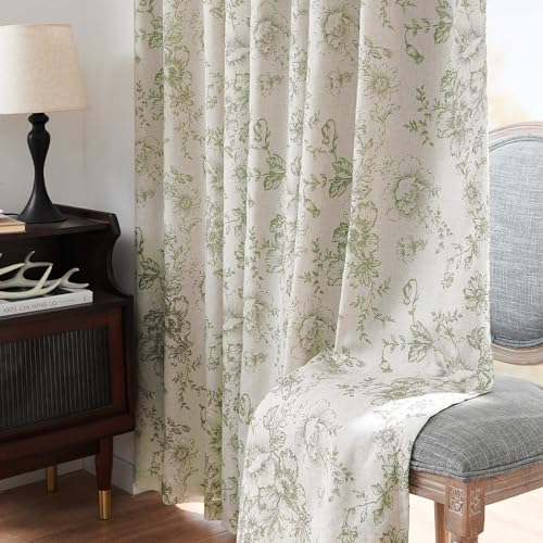 Floral Linen Blackout Curtains for Bedroom 90 Inches Long (Green / 50"W x 90"L (Pack of 2))