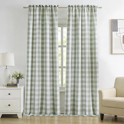 Sage Green Buffalo Plaid Semi Sheer Curtain Panels 84 Inches Long (Sage Green/White / 52"W x 84"L (Pack of 2))