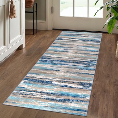 Modern Abstract 2x5 Runner Rug Non Slip Washable Kitchen Rugs (Blue Aqua/Beige Taupe Multi / 2' x 5' (Runner))