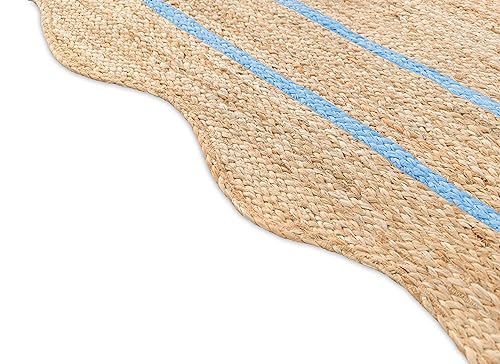 Wave Scalloped Natural Jute Boho Entryway Runner Farmhouse Scallop (Sky Blue / 10'x14' (Rectangular))