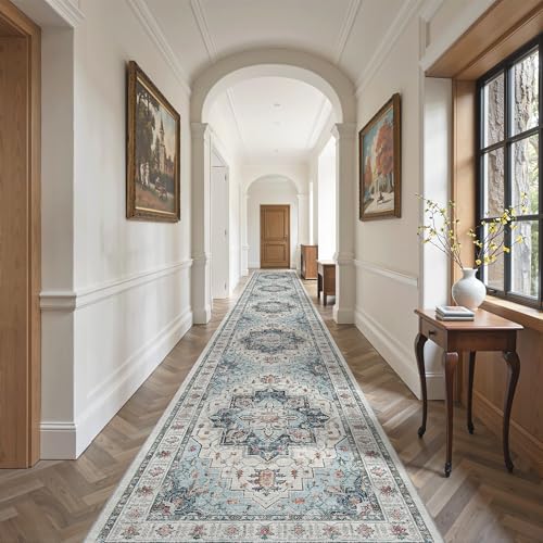 Hallway Runner Rug 3x20 Washable Kitchen Runners 20ft (Blue / 3' x 20' (Runner))