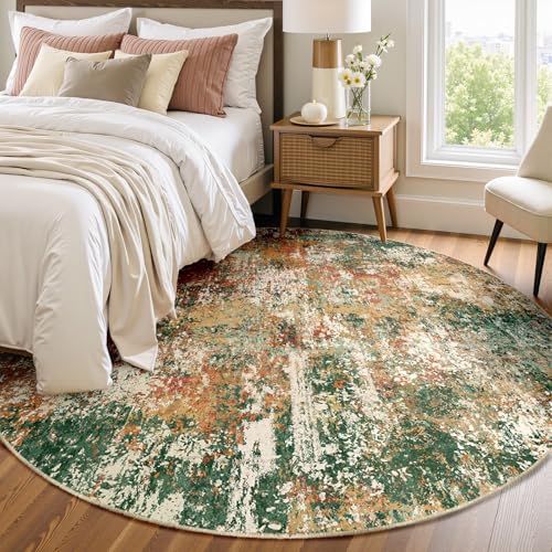 Washable Round 6ft Area Rug for Living Room Green Multi (Green/Orange/Red/Blue / 6' (Round))