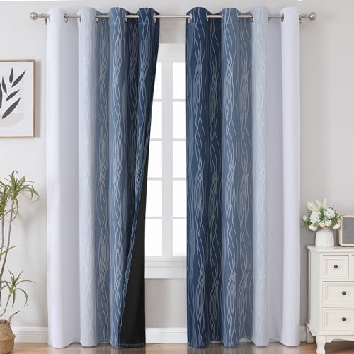Navy Blue and Greyish White Blackout Curtains for Living Room 90 Inch Long (Navy Blue and Greyish White / 52"W x 90"L (Pack of 2))