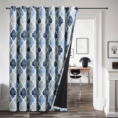 Moroccan 100% Blackout Sliding Door Curtains Blue Grey 100x96 1 Set (Grommet | Blue and Grey / 100"W x 96"L (Pack of 1))