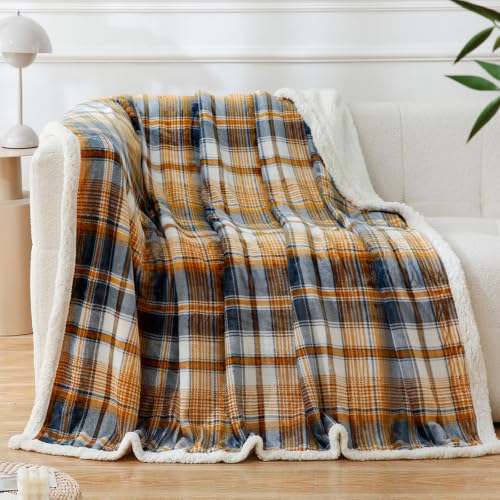 Sherpa Blanket Queen Plaid Thick Bed Blanket (Blue Yellow Check / 80"*90")