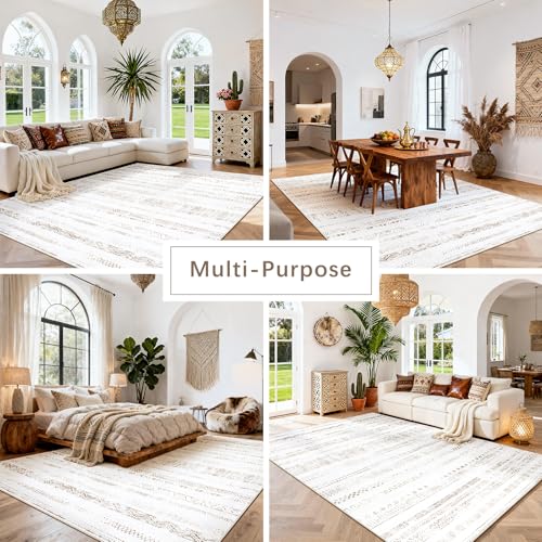 8x10 Washable Area Rugs for Living Room (8' x 10' (Rectangular) / Moroccan-light Brown-white)