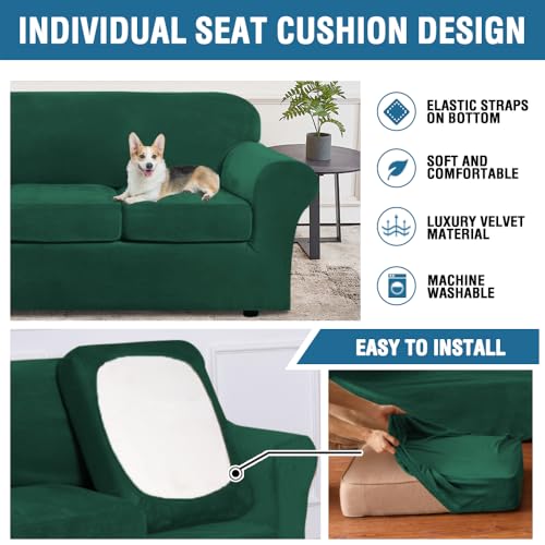 Rich Velvet Stretch 2 Piece Cover Chair Slipcover Sofa Cover Furniture Protector Couch Soft with Elastic Bottom Chair Couch Cover Width Up to 49 Inch (1 Cushion Chair / Green)