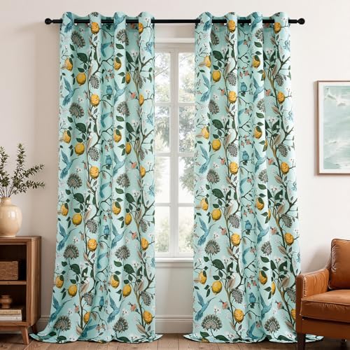 96 Inches Long Floral Curtains Unique Cottagecore Whimsical Vintage Pretty Fun Floral Hummingbird Patterned Double Sided Grommet Green Print Drapes Two Pages for Bedroom Living Room Dining (Mint Green / 52"W x 96"L (Pack of 2))