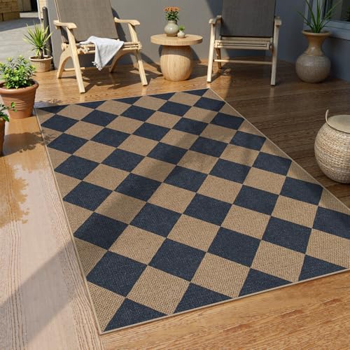 Checkered Easy Jute 3x5 Outdoor Rug (3' x 5' (Rectangular) / Blue/Checkerboard -2)