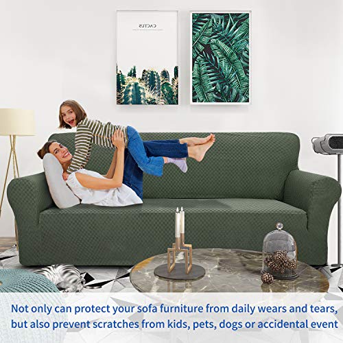1 Piece Jacquard Couch Covers for 3 Cushion Couch Living Room High Stretch Sofa Cover Pets Dogs Friendly Anti Slip Thickened Slipcovers Furniture Protector (Large (71"-90") / Army Green)
