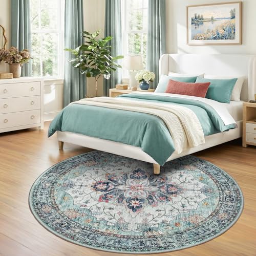 Washable Area Rug (Teal Green/White/Navy / 7' (Round))