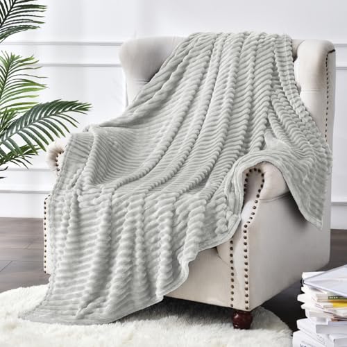 3D Ribbed Light Grey Fleece Throw Blanket for Couch (Light Grey / Throw(50"x60"))