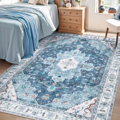 4x6 Washable Non Slip Boho Area Rug for Bedroom (Vintage Blue / 4' x 6' (Rectangular))
