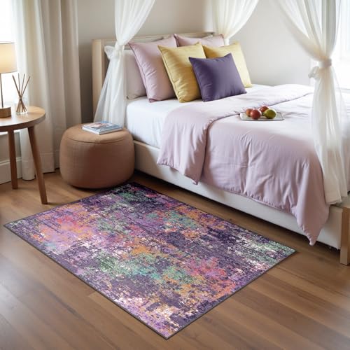Washable 3'x5' Abstract Area Rug for Living Room Purple Multi (Purple/Orange/Teal/Green/Red / 3' x 5' (Rectangular))