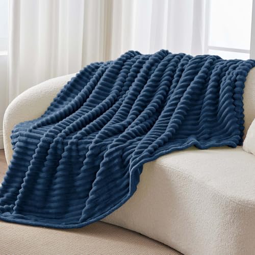 Ribbed Fleece Throw Blanket for Couch (Navy / Throw XL(50"x70"))