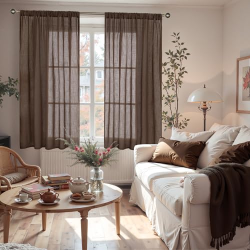 Brown Linen Curtains 48 Inch Length for Short Window (Brown / 42"W x 48"L (Pack of 2))