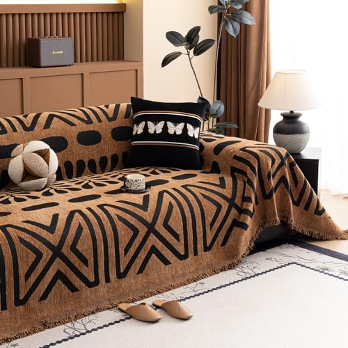 Geometric Boho Couch Cover for Sofa Decor (71" x 134" / Stripe: Brown and Black)