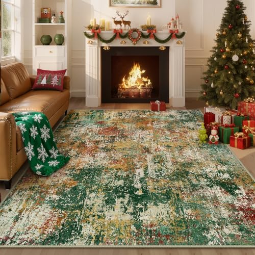 Washable 6'x9' Abstract Area Rug for Living Room Green Multi (Green/Orange/Red/Blue / 6' x 9' (Rectangular))